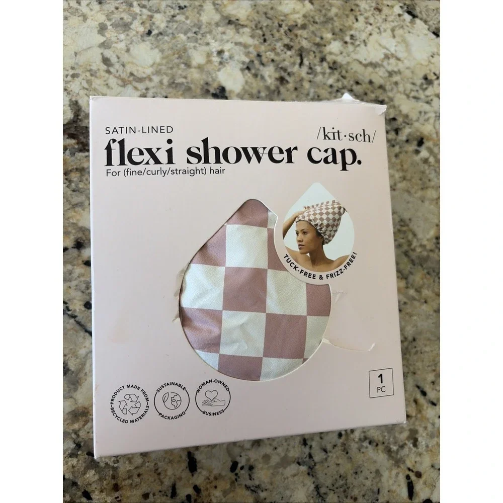 Kitsch Satin Lined Flexi Shower Cap Womens OS Terracotta Checker Satin Lined